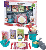 Set de pasta MasterChef Junior de Famosa MTE04000 con su caja, cacerolas, pasta de fieltro, salsas y mantel