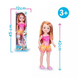 Infografía: medidas de Nancy Coconut pelirroja NAC88300, muñeca de 42 cm y caja de 45 cm, desde 3 años
