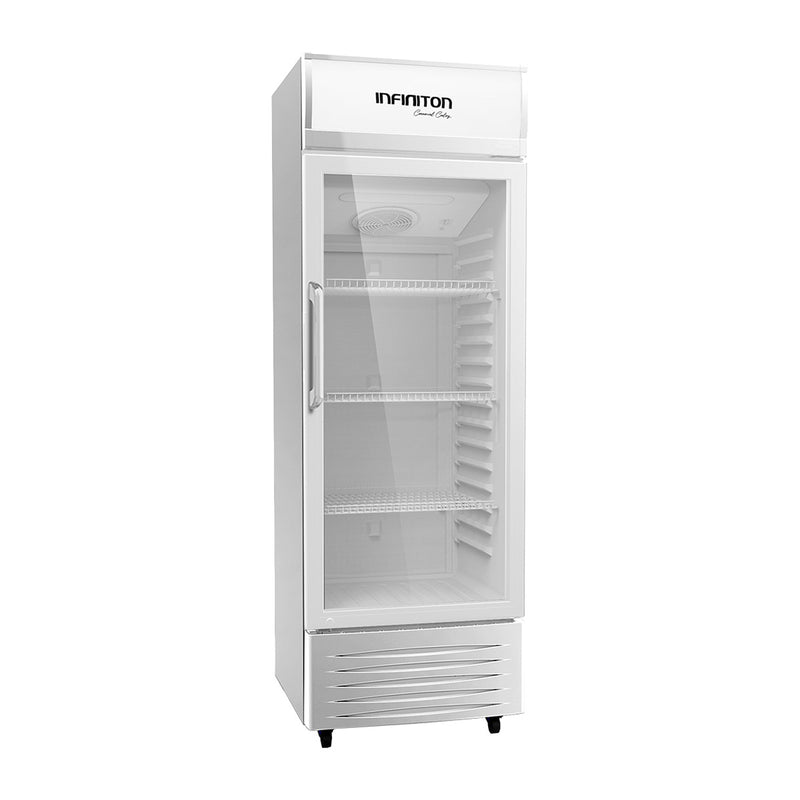 Vitrina expositora refrigerada Infiniton FCL-243 blanca de 175 litros con puerta de cristal y tres baldas