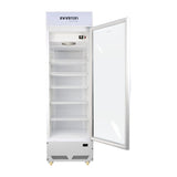 Vitrina expositora Infiniton FCL-285 con la puerta de cristal abierta, interior blanco con cinco baldas