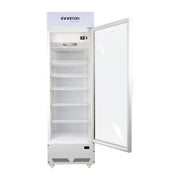 Vitrina expositora Infiniton FCL-285 con la puerta de cristal abierta, interior blanco con cinco baldas