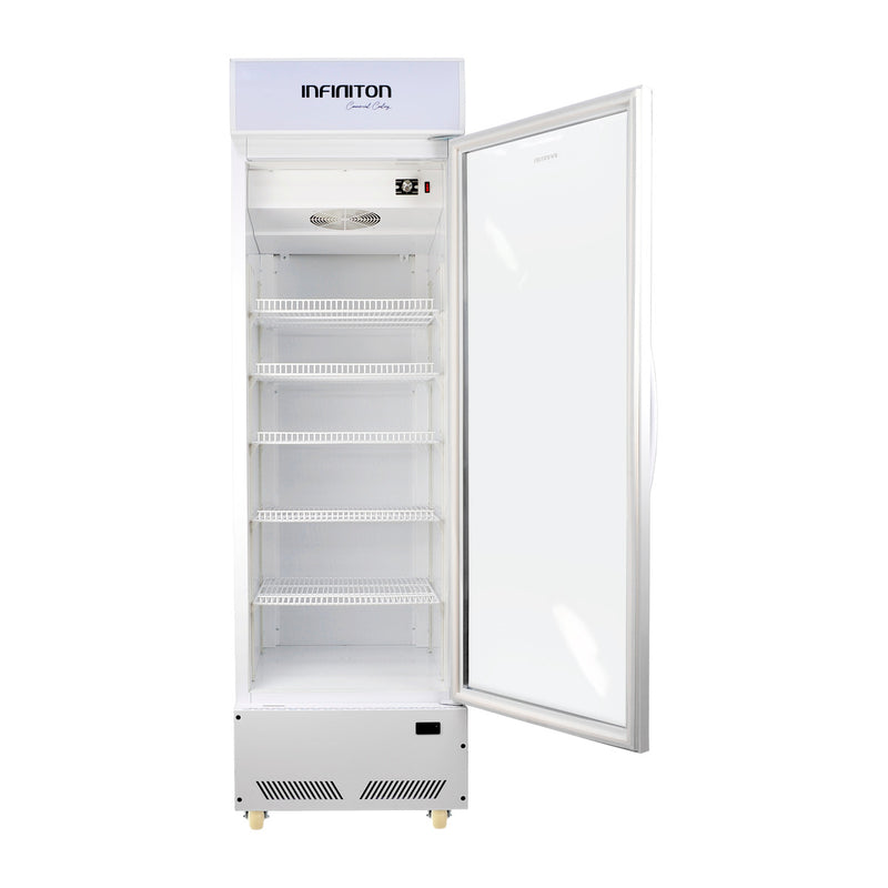 Vitrina expositora Infiniton FCL-285 con la puerta de cristal abierta, interior blanco con cinco baldas