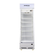 Frontal de la vitrina expositora Infiniton FCL-285 con las cinco baldas regulables y el frontal iluminado