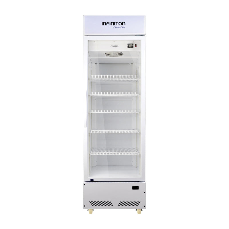 Frontal de la vitrina expositora Infiniton FCL-285 con las cinco baldas regulables y el frontal iluminado