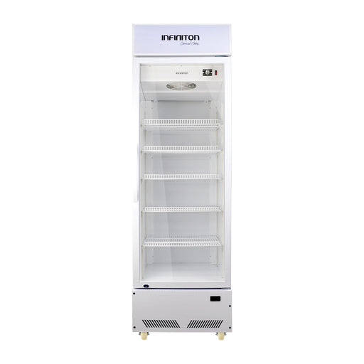 Frontal de la vitrina expositora Infiniton FCL-285 con las cinco baldas regulables y el frontal iluminado