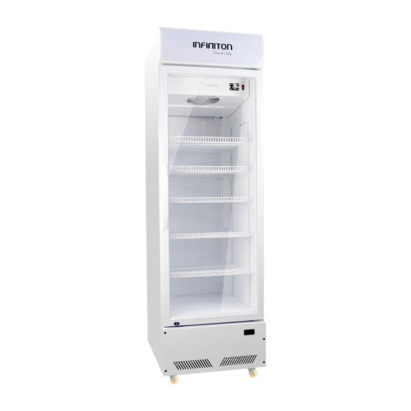 Vitrina expositora refrigerada Infiniton FCL-285 blanca de 450 litros con puerta de cristal y cinco baldas