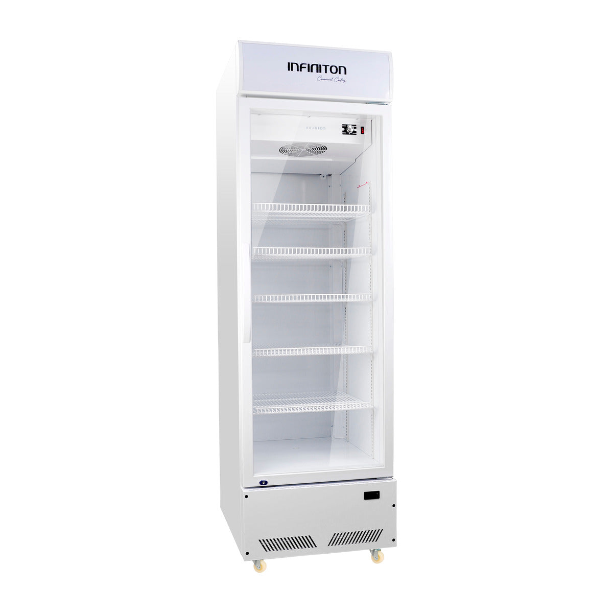 Vitrina expositora refrigerada Infiniton FCL-285 blanca de 450 litros con puerta de cristal y cinco baldas