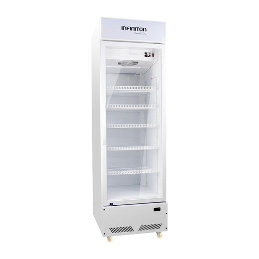 Vitrina expositora refrigerada Infiniton FCL-285 blanca de 450 litros con puerta de cristal y cinco baldas