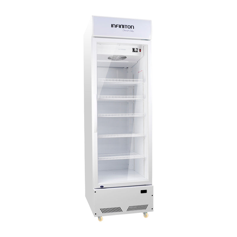 Vitrina expositora refrigerada Infiniton FCL-285 blanca de 450 litros con puerta de cristal y cinco baldas