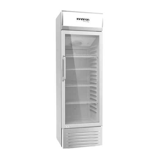 Vitrina expositora refrigerada Infiniton FCL-338 blanca de 325 litros con puerta de cristal y cuatro baldas