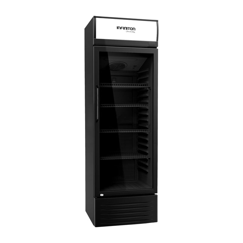 Vitrina expositora refrigerada Infiniton FCL-339B negra de 325 litros con puerta de cristal y cuatro baldas