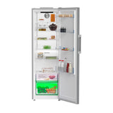 Frigorífico Beko B3RMLNE444HXB abierto y lleno, con estantes de cristal y el cajón HarvestFresh iluminado en verde