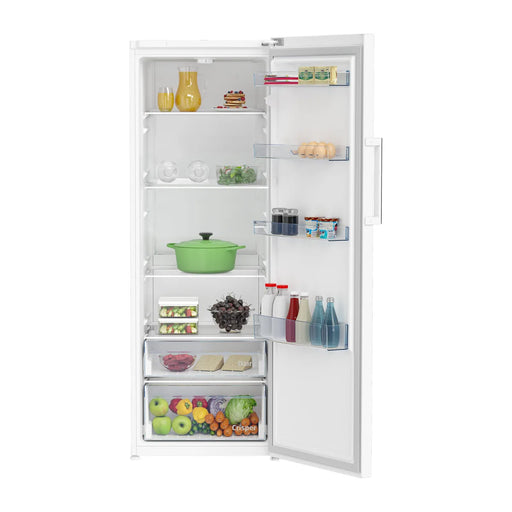 Interior del frigorífico Beko RSSE415M41WN abierto con las baldas de cristal, los balconcillos y el cajón de verduras