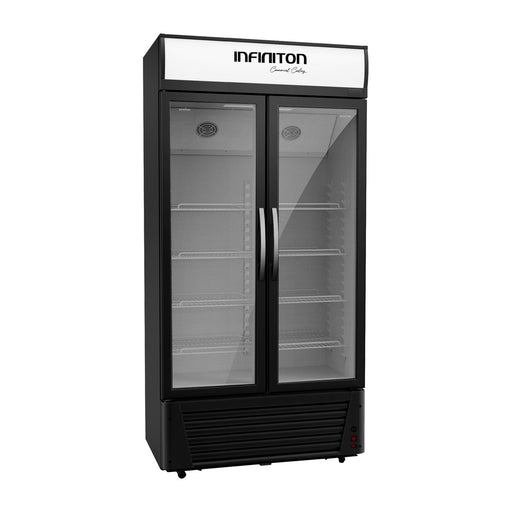 Vitrina expositora refrigerada Infiniton FSB-620 negra de 565 litros con dos puertas de cristal y cuatro baldas
