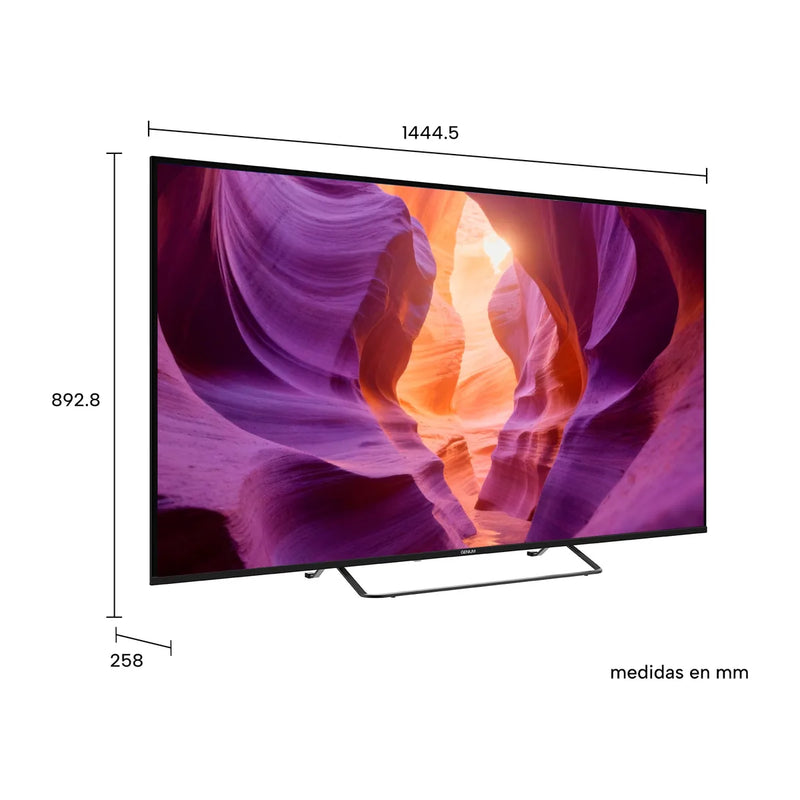 Medidas del televisor Genium GTV65QLED: 1444,5 mm de ancho y 892,8 mm de alto con peana
