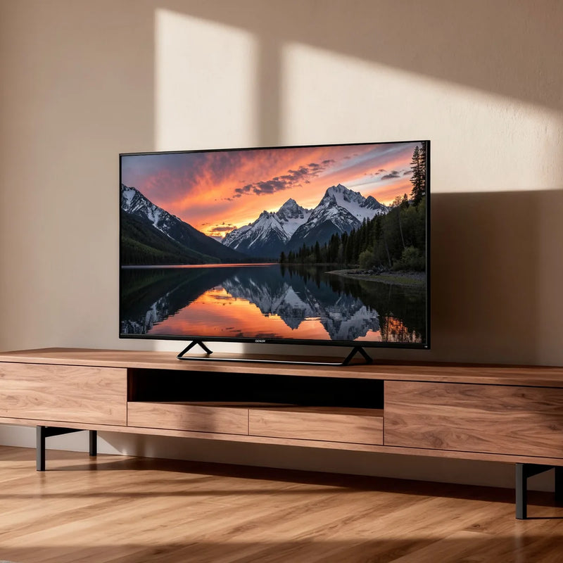 Televisor Genium GTV65QLED de 65 pulgadas colocado en un mueble de salón