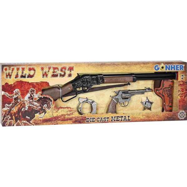 gonher set de juguete western con rifle y revólver en caja
