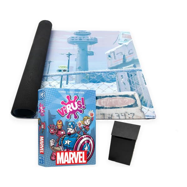 Pack Virus! Marvel: juego de cartas Virus! Marvel, tapete de neopreno Apocalíptico Zacatrus 60 x 90 cm y deck box negra
