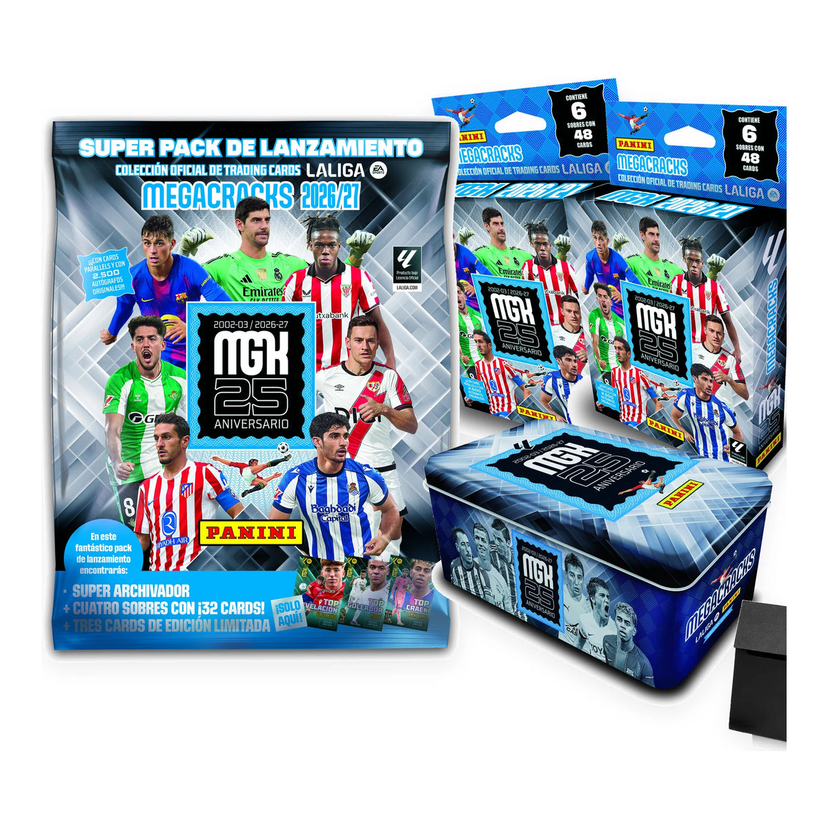 Pack Panini MegaCracks 2026/27: Megapack con archivador, dos ecoblísteres de 6 sobres, Tin Box del 25 aniversario y deck box rígida negra