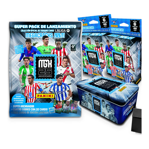 Pack Panini MegaCracks 2026/27: Megapack con archivador, dos ecoblísteres de 6 sobres, Tin Box del 25 aniversario y deck box rígida negra