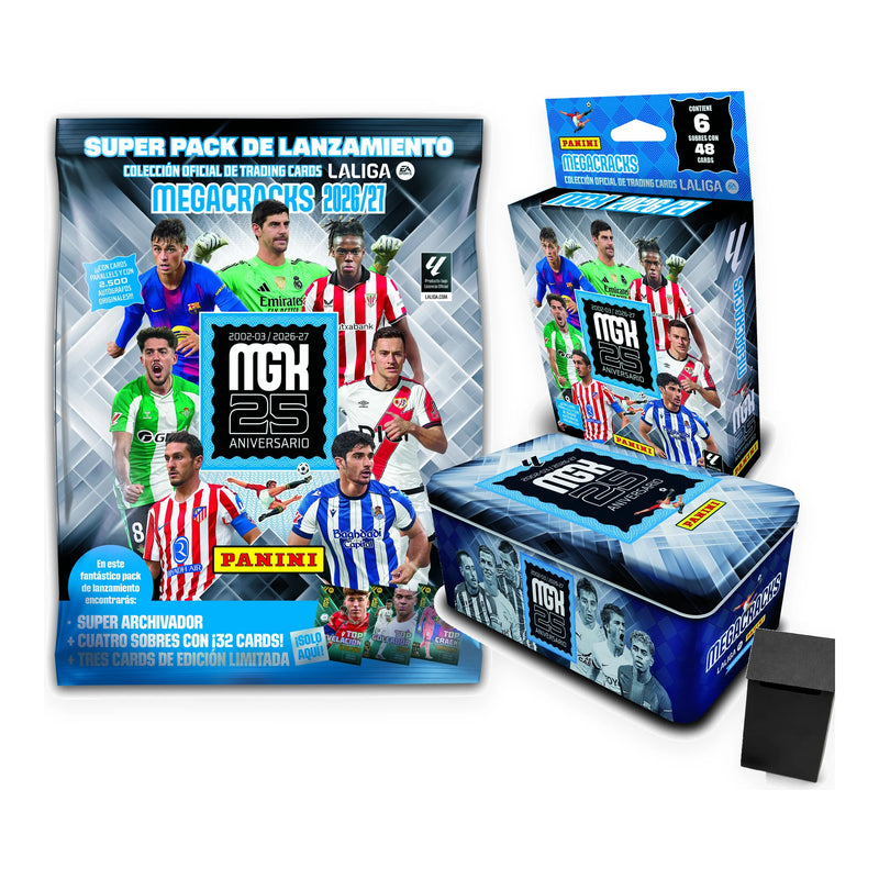 Pack Panini MegaCracks 2026/27: Megapack con archivador, ecoblíster de 6 sobres, Tin Box del 25 aniversario y deck box rígida negra