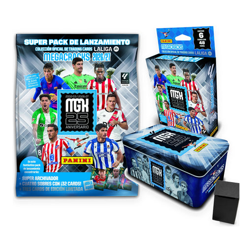 Pack Panini MegaCracks 2026/27: Megapack con archivador, ecoblíster de 6 sobres, Tin Box del 25 aniversario y deck box rígida negra