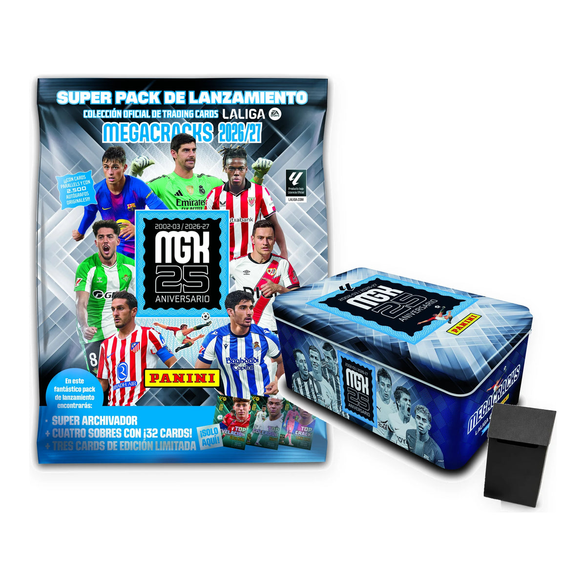 Pack Panini MegaCracks 2026/27: Megapack de lanzamiento con archivador, Tin Box metálica del 25 aniversario y deck box rígida negra
