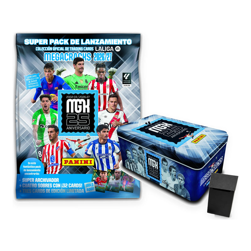 Pack Panini MegaCracks 2026/27: Megapack de lanzamiento con archivador, Tin Box metálica del 25 aniversario y deck box rígida negra