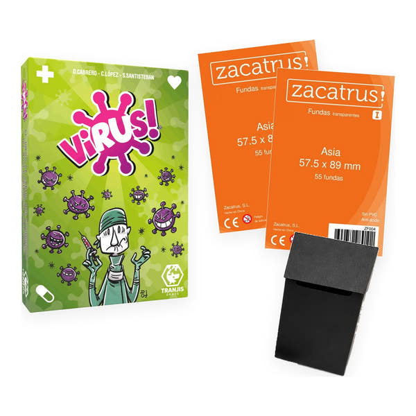 Pack Virus!: caja del juego de cartas Virus! de Tranjis, dos paquetes de fundas Zacatrus Asia y deck box negra