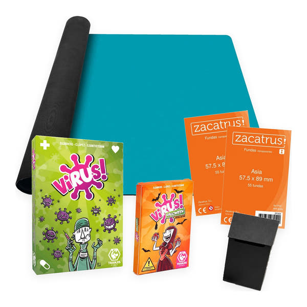 Pack Virus!: juego de cartas Virus!, expansión Virus! Halloween, tapete mini de neopreno azul, dos paquetes de fundas y deck box negra