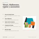 Infografía: qué incluye el pack Virus! con Halloween, tapete, fundas y deck box
