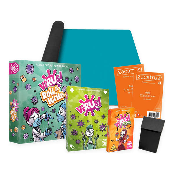 Pack Virus!: Virus! Roll & Write, juego de cartas Virus!, expansión Halloween, tapete mini de neopreno azul, dos paquetes de fundas y deck box negra