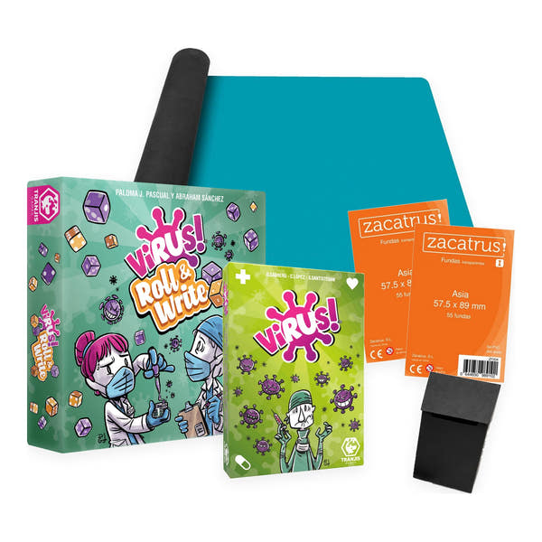 Pack Virus!: Virus! Roll & Write, juego de cartas Virus!, tapete mini de neopreno azul, dos paquetes de fundas y deck box negra