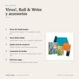 Infografía: qué incluye el pack Virus! con Roll & Write, tapete, fundas y deck box