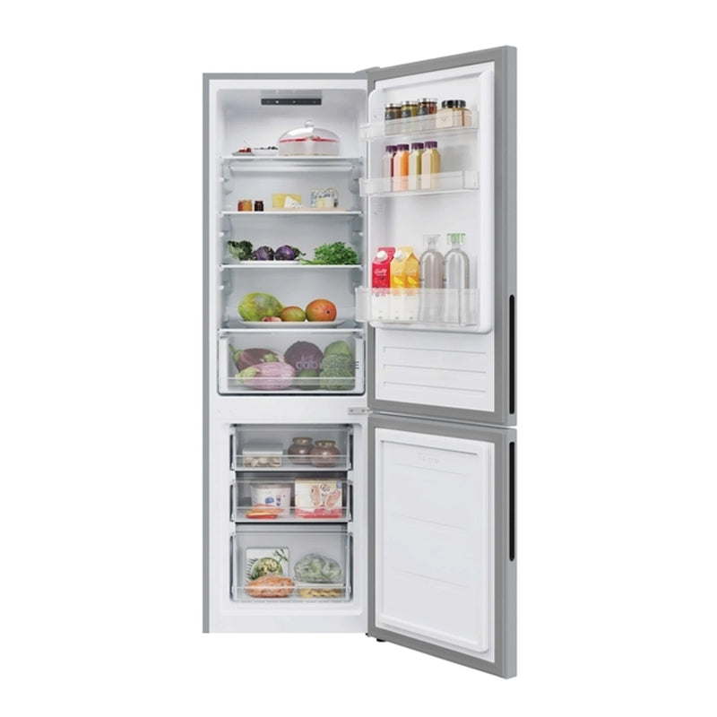 Hoover HOCT3L517ES2 con ambas puertas abiertas, nevera y congelador llenos de alimentos