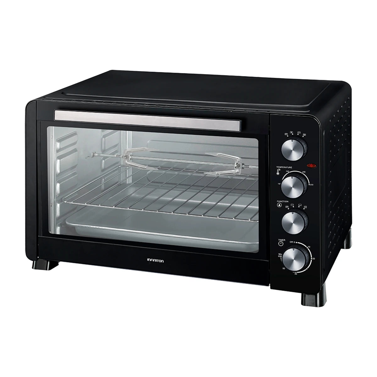 Horno de sobremesa Infiniton HSM-25N60 negro de 60 litros, vista frontal con el asador giratorio dentro