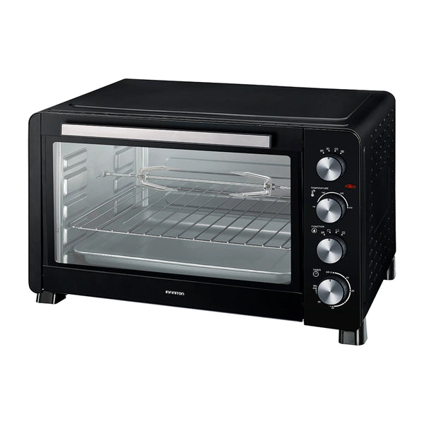 Horno de sobremesa Infiniton HSM-25N60 negro de 60 litros, vista frontal con el asador giratorio dentro