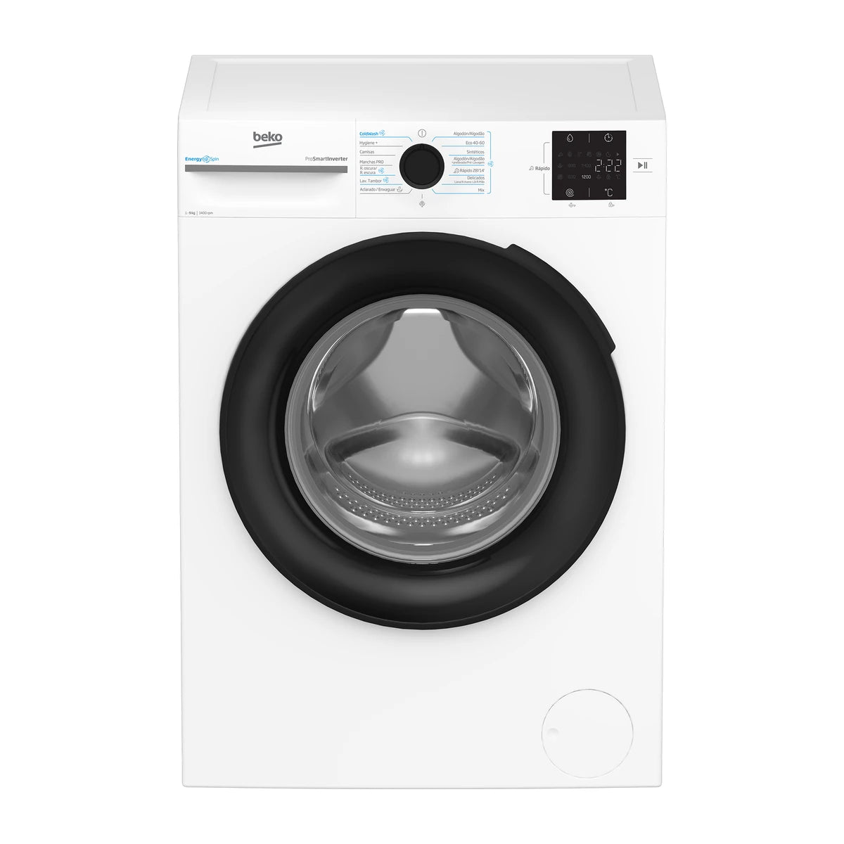 Lavadora Beko BM3WFT3941WB blanca de carga frontal, 9 kg y 1400 rpm, puerta negra, vista frontal