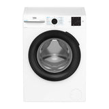 Lavadora Beko BM3WFT3941WB blanca de carga frontal, 9 kg y 1400 rpm, puerta negra, vista frontal