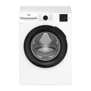 Lavadora Beko BM3WFT3941WB blanca de carga frontal, 9 kg y 1400 rpm, puerta negra, vista frontal