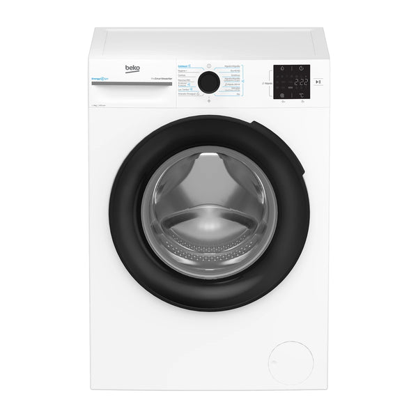 Lavadora Beko BM3WFT3941WB blanca de carga frontal, 9 kg y 1400 rpm, puerta negra, vista frontal