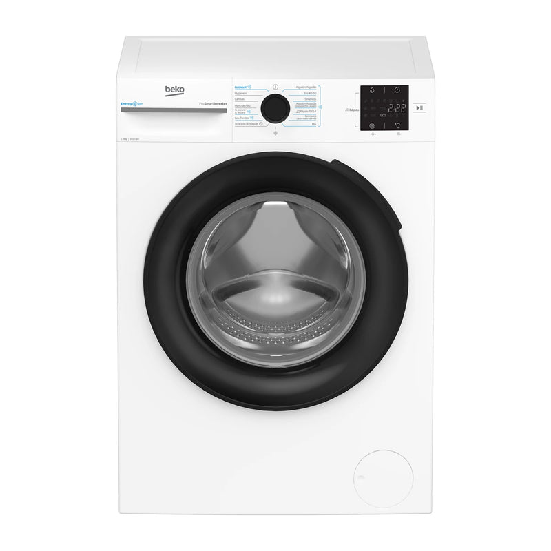 Lavadora Beko BM3WFT3941WB blanca de carga frontal, 9 kg y 1400 rpm, puerta negra, vista frontal