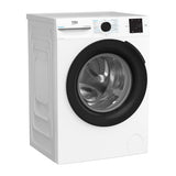 Lavadora Beko BM3WFT3941WB vista en tres cuartos con el panel digital y la puerta extra grande