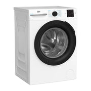 Lavadora Beko BM3WFT3941WB vista en tres cuartos con el panel digital y la puerta extra grande