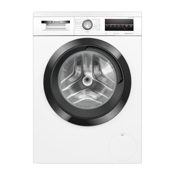 Lavadora Bosch WUU28T68ES blanca de carga frontal, 9 kg y 1400 rpm, puerta negra, vista frontal
