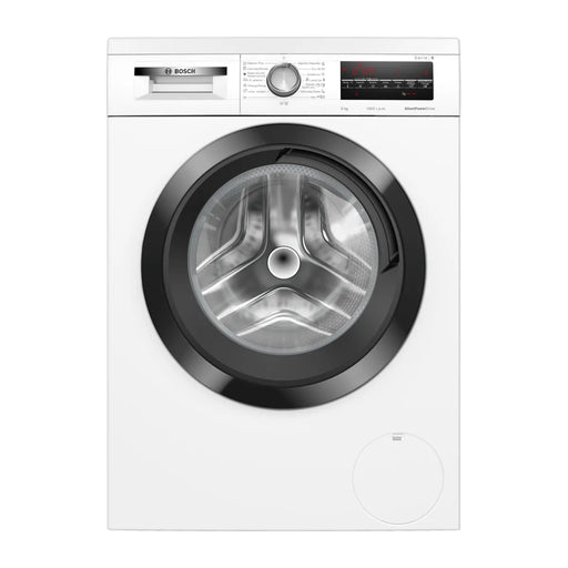 Lavadora Bosch WUU28T68ES blanca de carga frontal, 9 kg y 1400 rpm, puerta negra, vista frontal