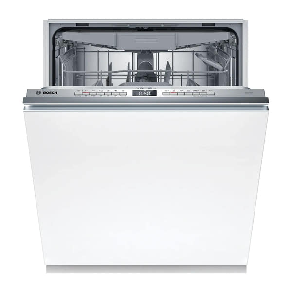 Lavavajillas Bosch SMV4HVX14E totalmente integrable, vista frontal con la puerta entreabierta y las tres cestas