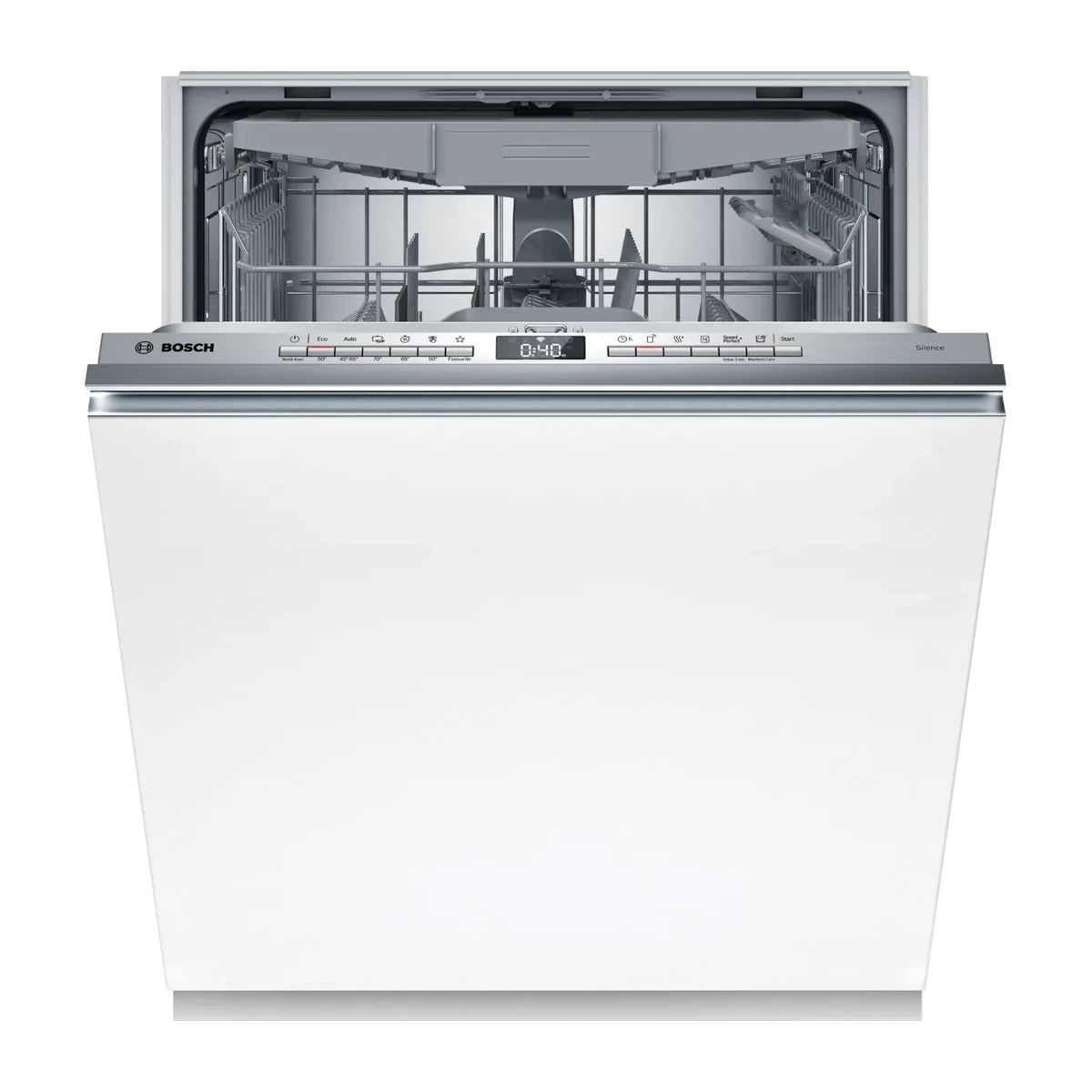 Lavavajillas Bosch SMV4HVX14E totalmente integrable, vista frontal con la puerta entreabierta y las tres cestas