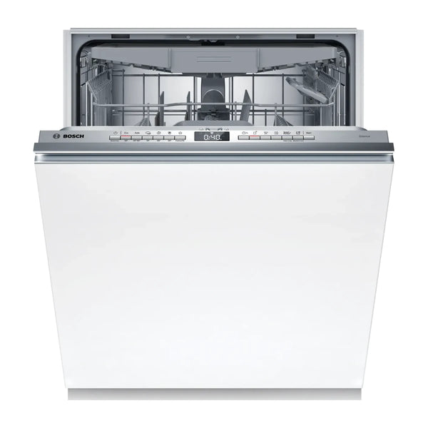 Lavavajillas Bosch SMV4HVX14E totalmente integrable, vista frontal con la puerta entreabierta y las tres cestas