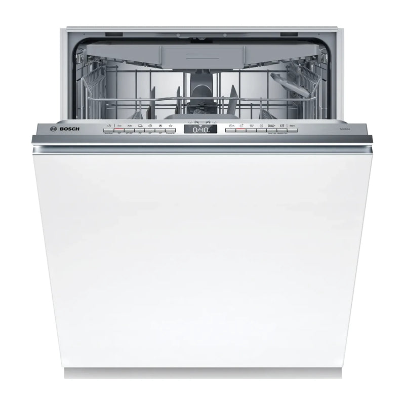 Lavavajillas Bosch SMV4HVX14E totalmente integrable, vista frontal con la puerta entreabierta y las tres cestas